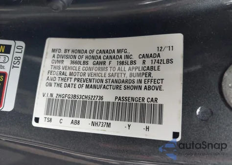 2012 Honda Civic Lx z USA, uszkodzony, nr VIN 2HGFG3B53CH522736